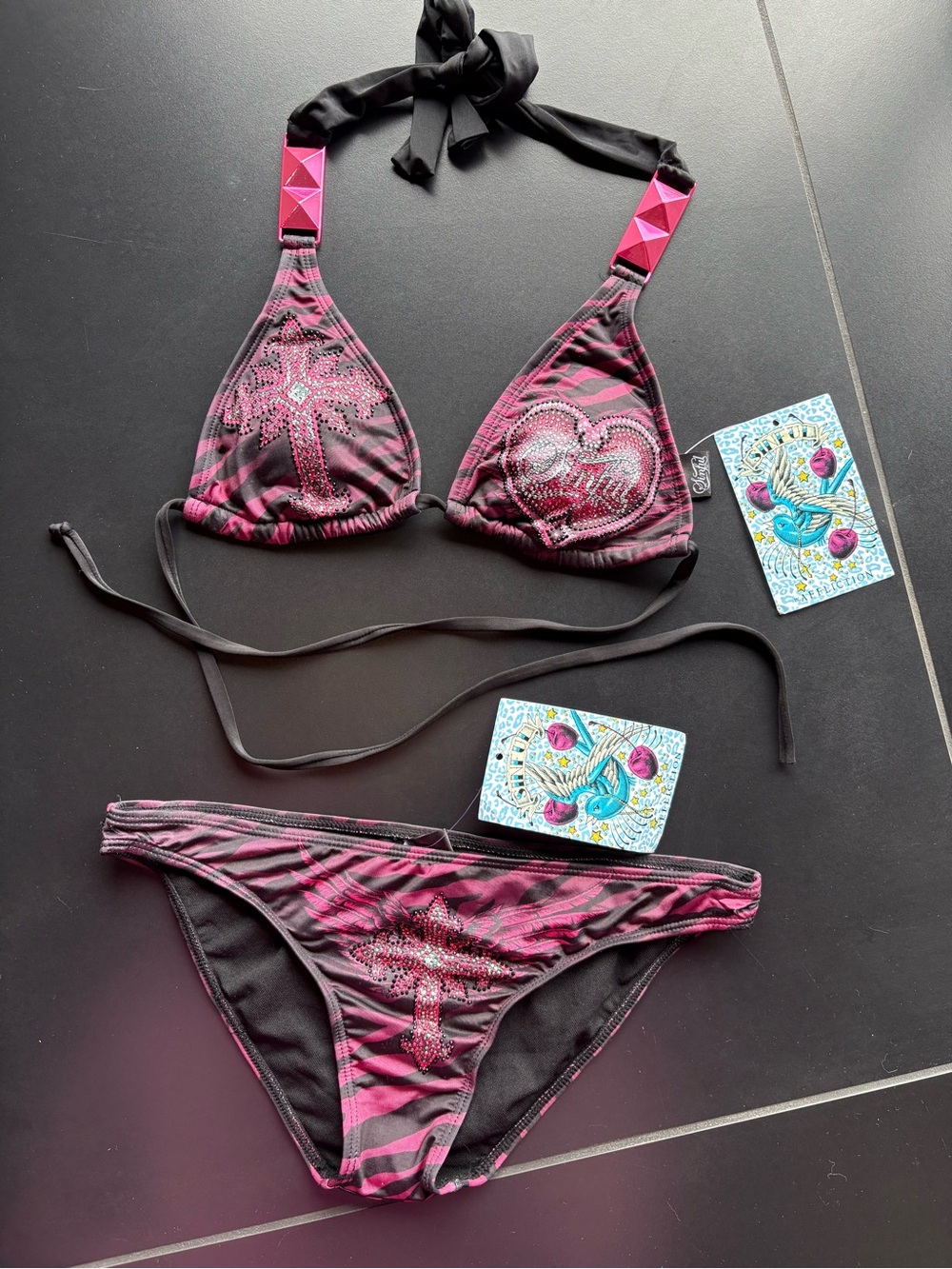 Sinful Pink and Black Rhinestone Bikini Set - Women's Swimwear